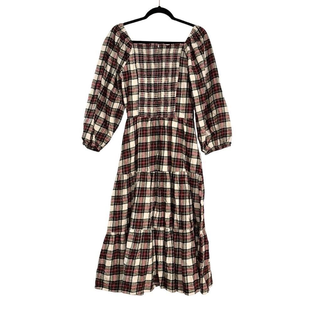 Ivy City Co Merry Holly Red & Cream Plaid Tiered Midi Dress SMALL with pockets - Picture 2 of 7
